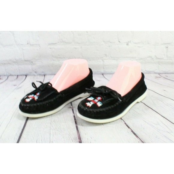 Minnetonka Shoes - Minnetonka Black Suede Beaded Moccasins Slip On Flat Shoes Size 8